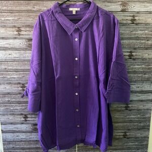 Woman Within Button-Down Top Size 4X Purple Gauze 3/4-Length Sleeves Tie NWT